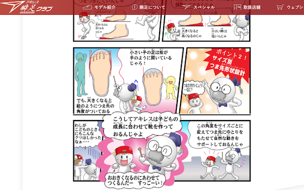 瞬足のサイズごとの工夫(アキレスHPより)