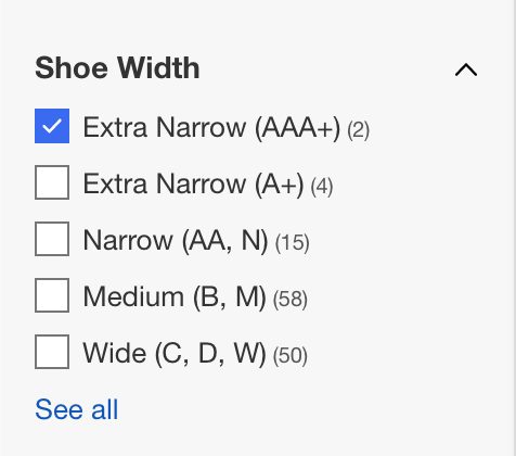 eBayの靴の幅の絞り込み欄にワイズAAA(Extra Narrow)が表示されている画面